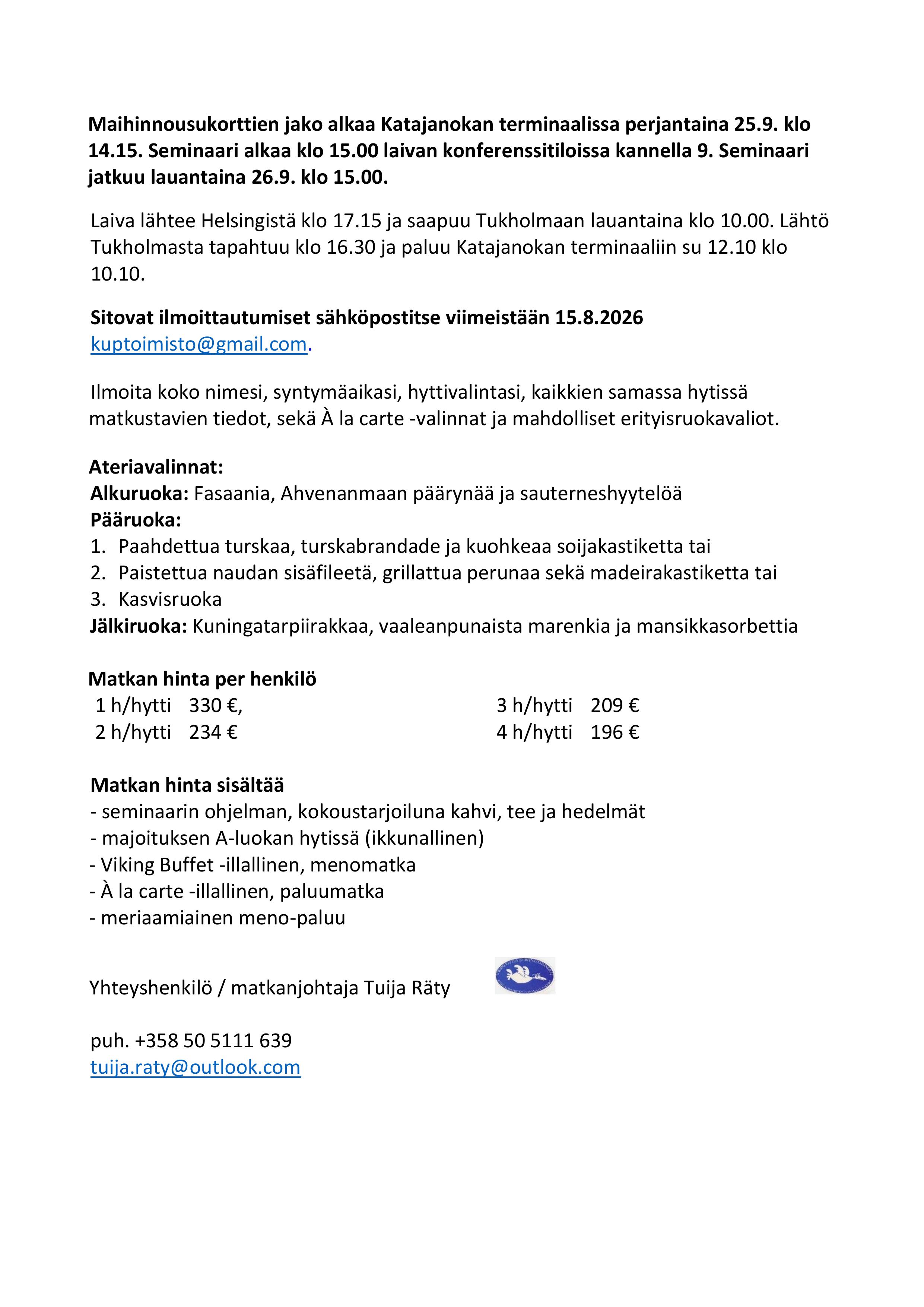 Verkostoseminaariristeilyn ohjelma ja hinnat, sivu 2